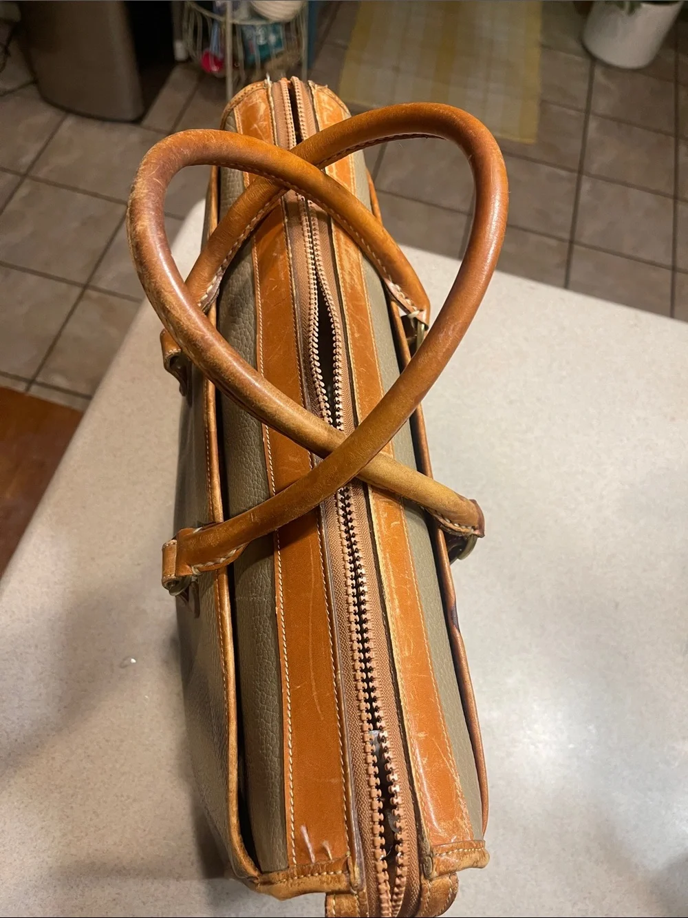 Dooney & Bourke Tan Canvas Briefcase with Chestnut Leather Trim